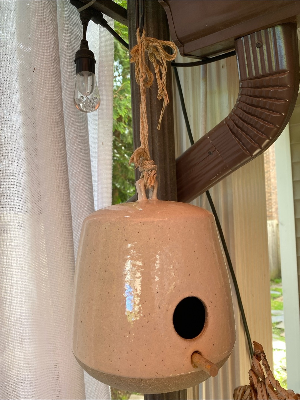 Hearth and Hand Handmade cream color Ceramic Hanging Birdhouse - on jute rope.